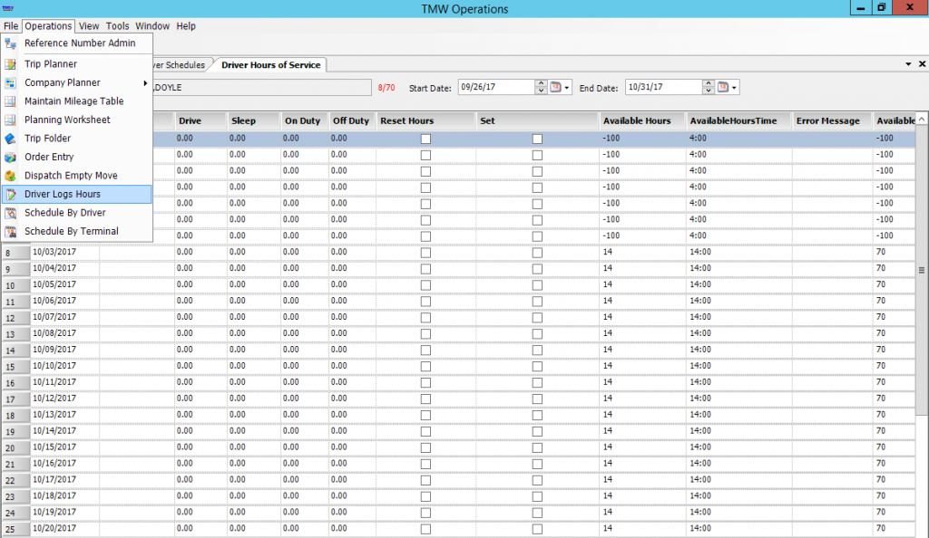 Driver Log Hours Window